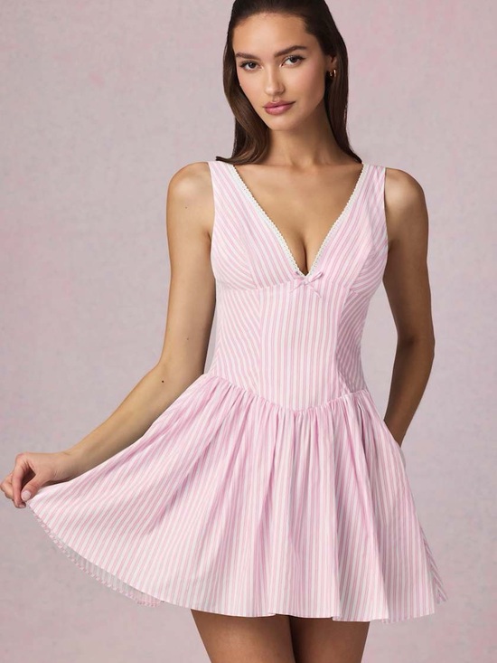 Oh Polly Dresses & Skirts - Oh Polly Pink Stripe V-Neck Skater Dress